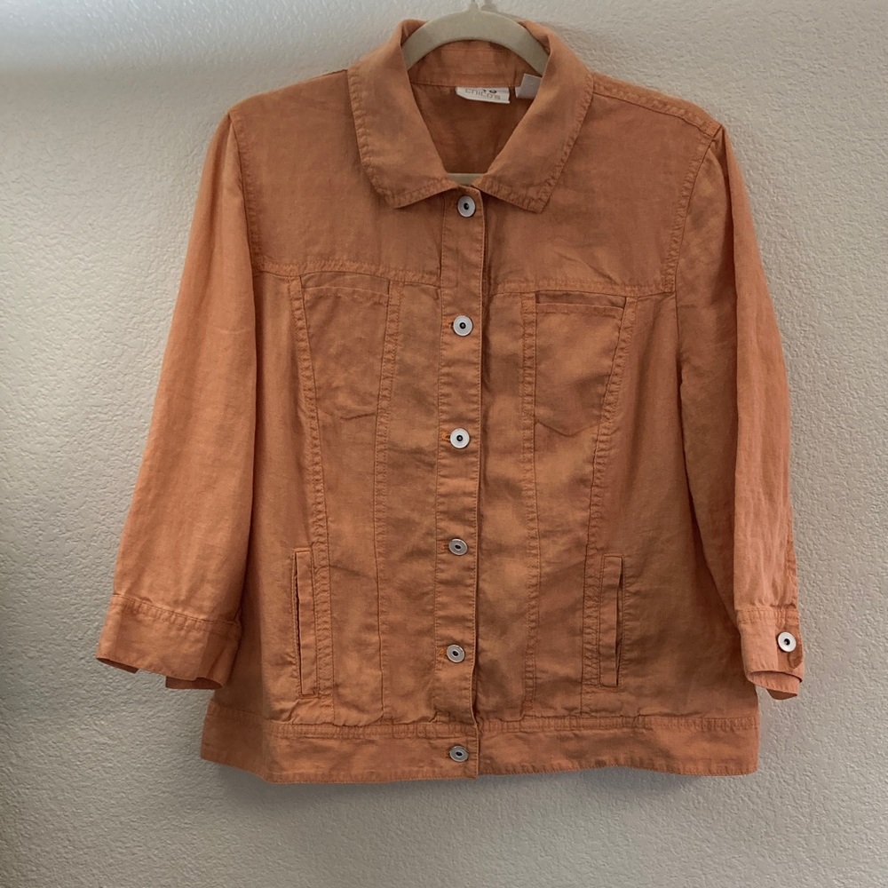 Chico's Burnt Orange 100% linen shacket 3/4 sleeves pockets western sz2